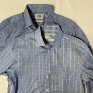 2 LOT Charles Tyrwhitt Non Iron Slim Fit Dress Shirt Blue Plaid Men Size 16 33in